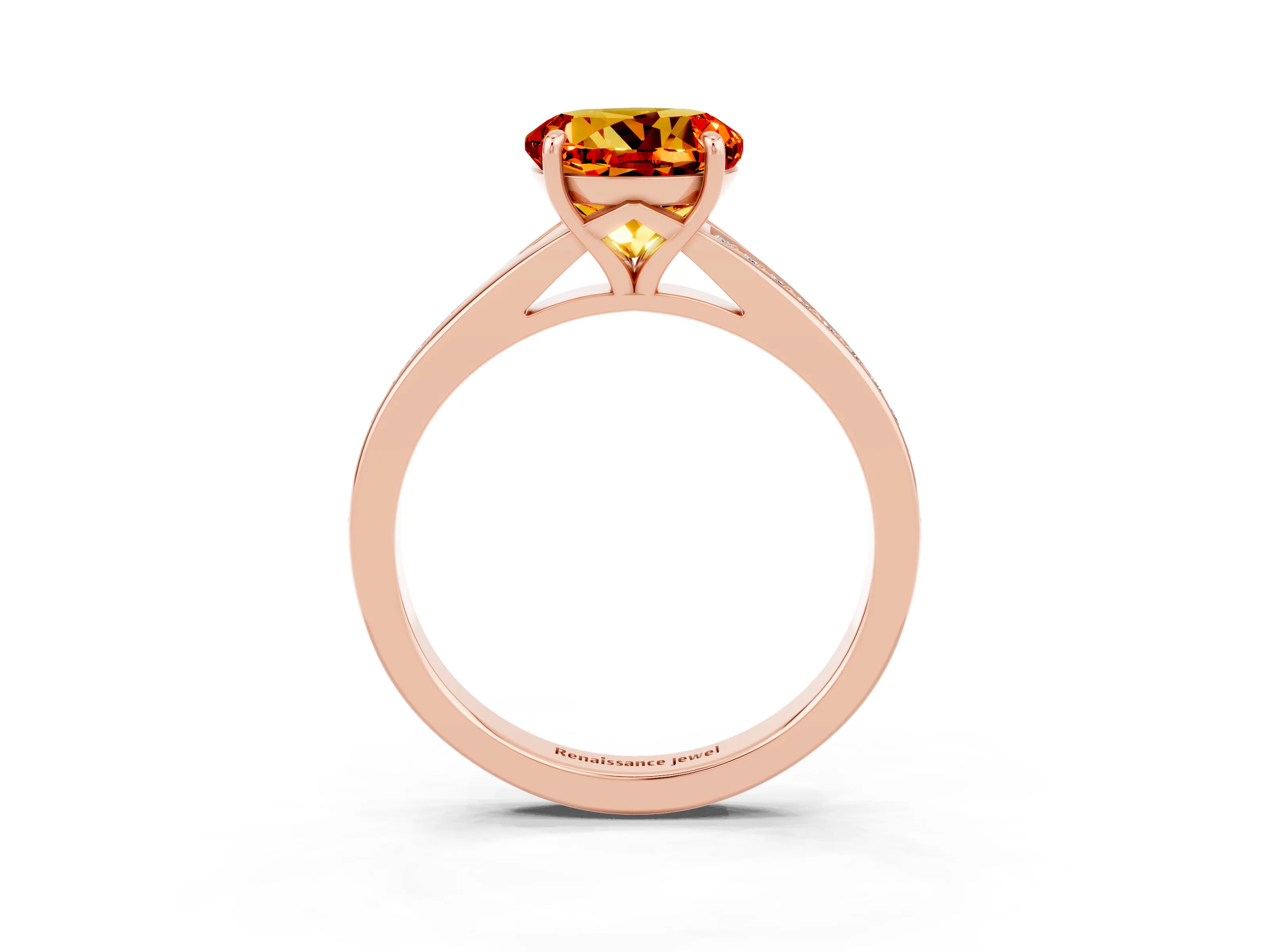 Rose gold Round Cut Citrine Solitaire Ring with Pavé Band and Prong Setting_15
