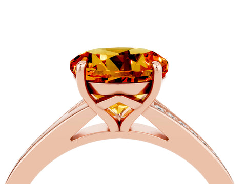 Rose gold Round Cut Citrine Solitaire Ring with Pavé Band and Prong Setting_16