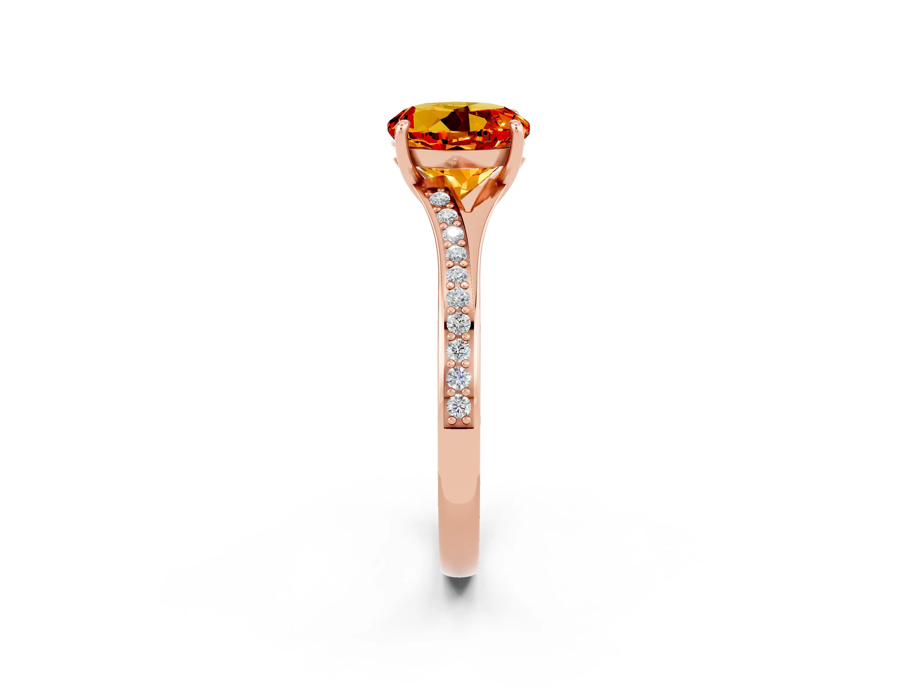 Rose gold Round Cut Citrine Solitaire Ring with Pavé Band and Prong Setting_2
