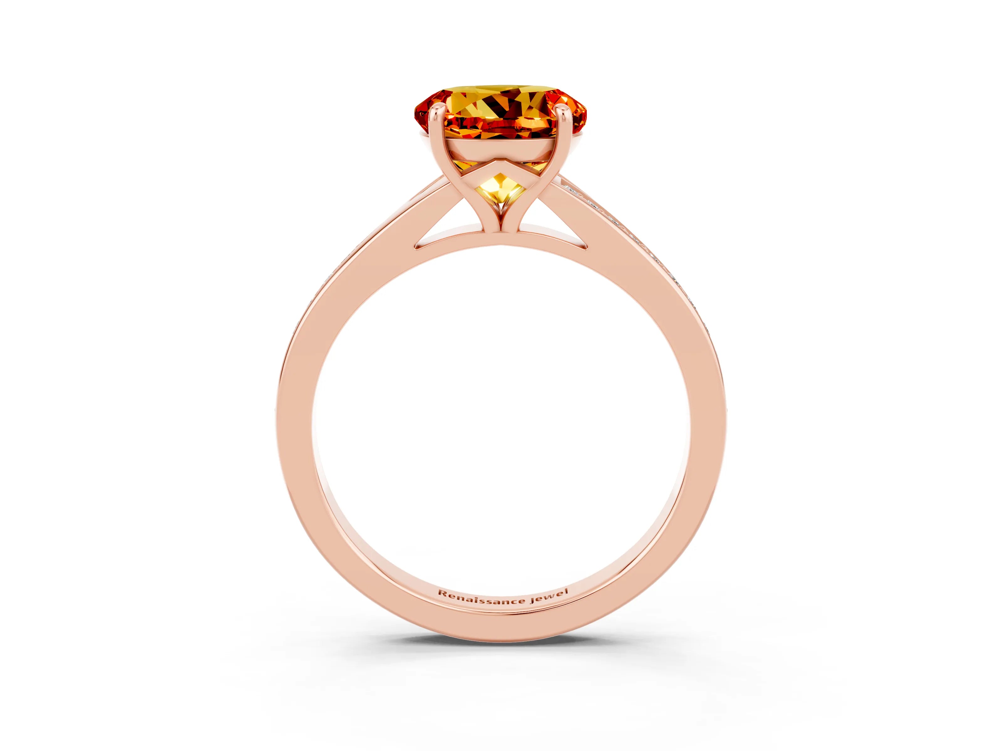 Rose gold Round Cut Citrine Solitaire Ring with Pavé Band and Prong Setting_3