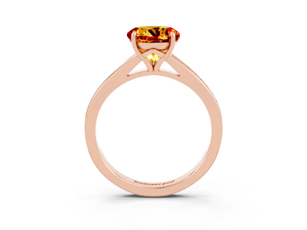 Rose gold Round Cut Citrine Solitaire Ring with Pavé Band and Prong Setting