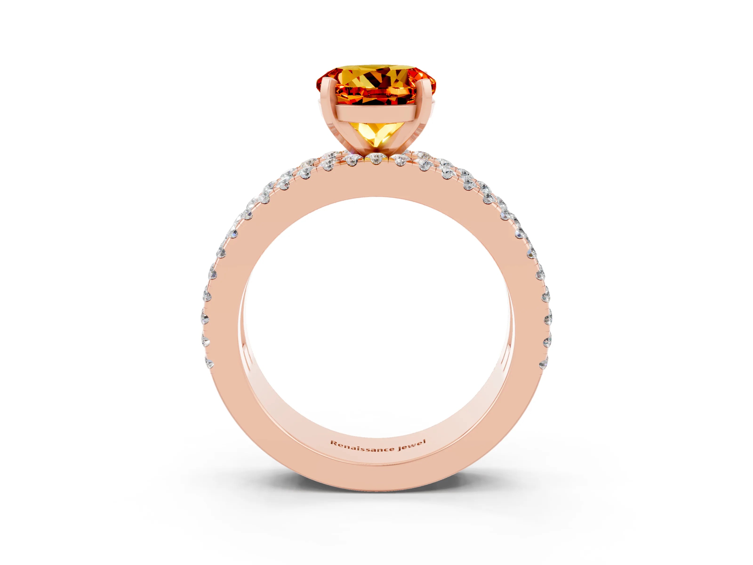 Rose gold Round Cut Citrine Solitaire Ring with Pavé and Channel Set Band_3