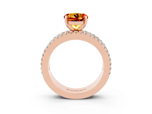 Rose gold Round Cut Citrine Solitaire Ring with Pavé and Channel Set Band