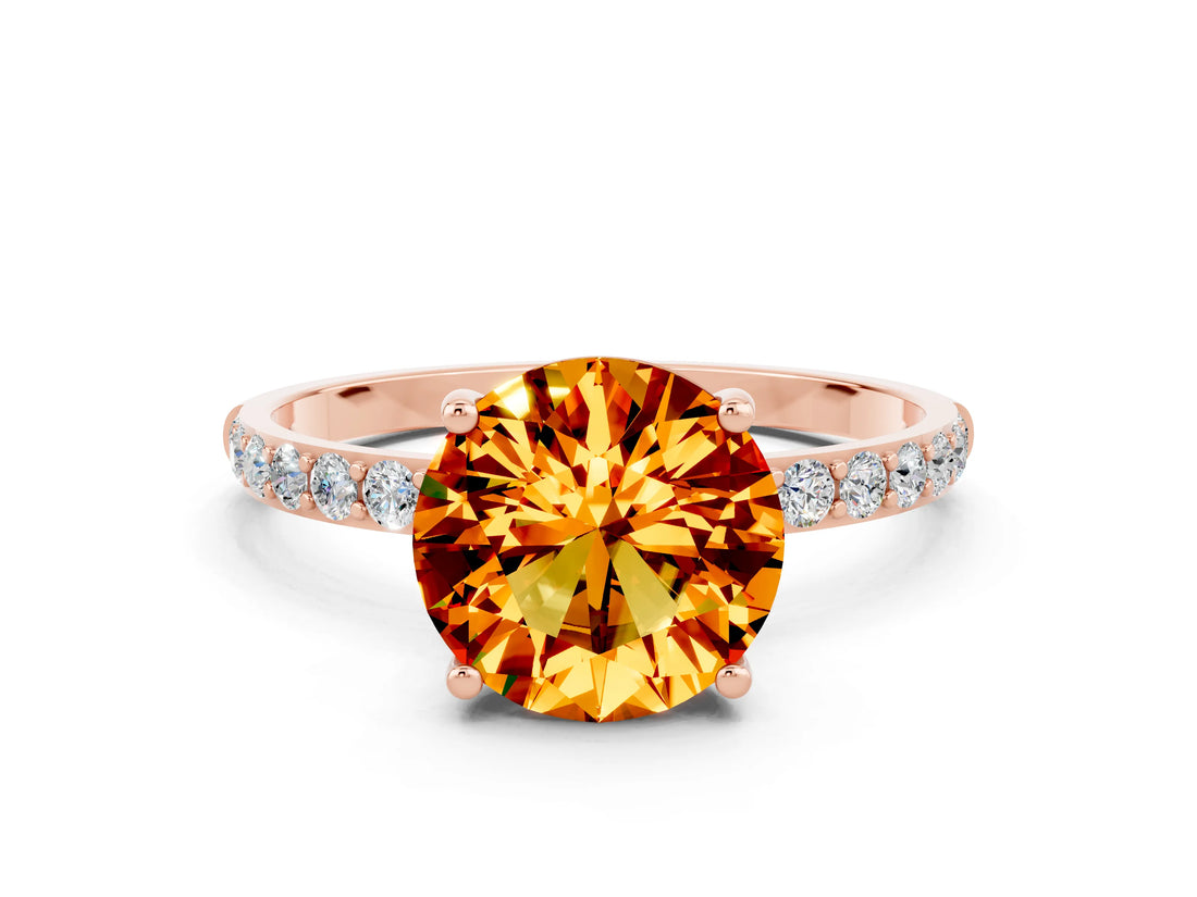 Rose gold Round Cut Citrine Solitaire Ring with Pave Band and Four Prong Setting_24