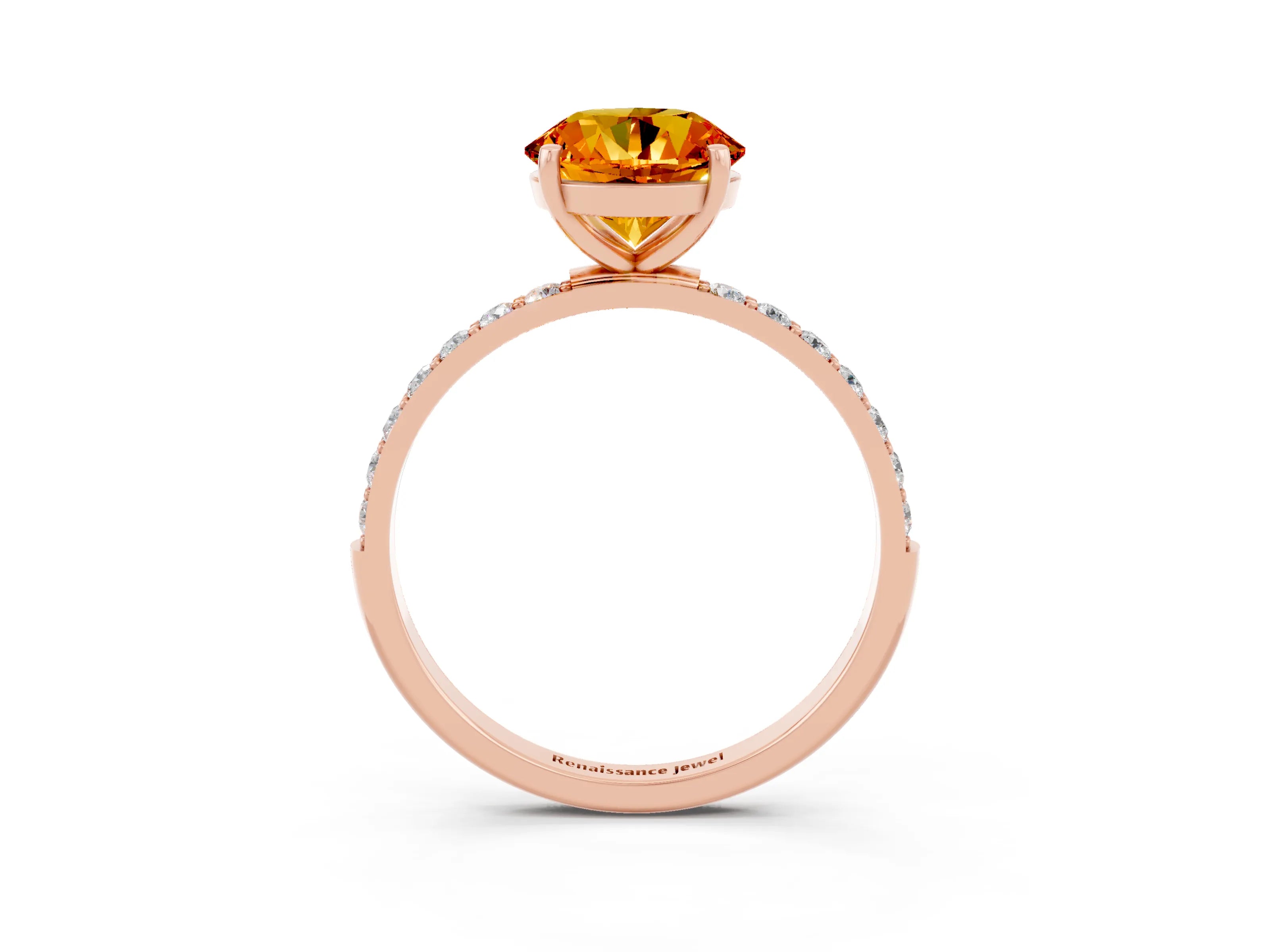 Rose gold Round Cut Citrine Solitaire Ring with Pave Band and Four Prong Setting_27