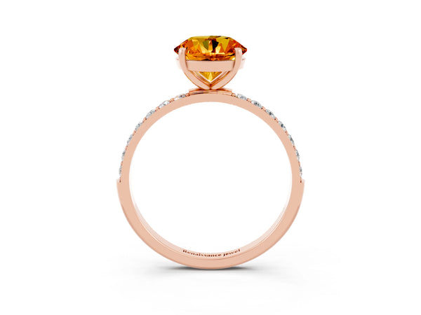 Rose gold Round Cut Citrine Solitaire Ring with Round  Pavé Band and Prong Setting