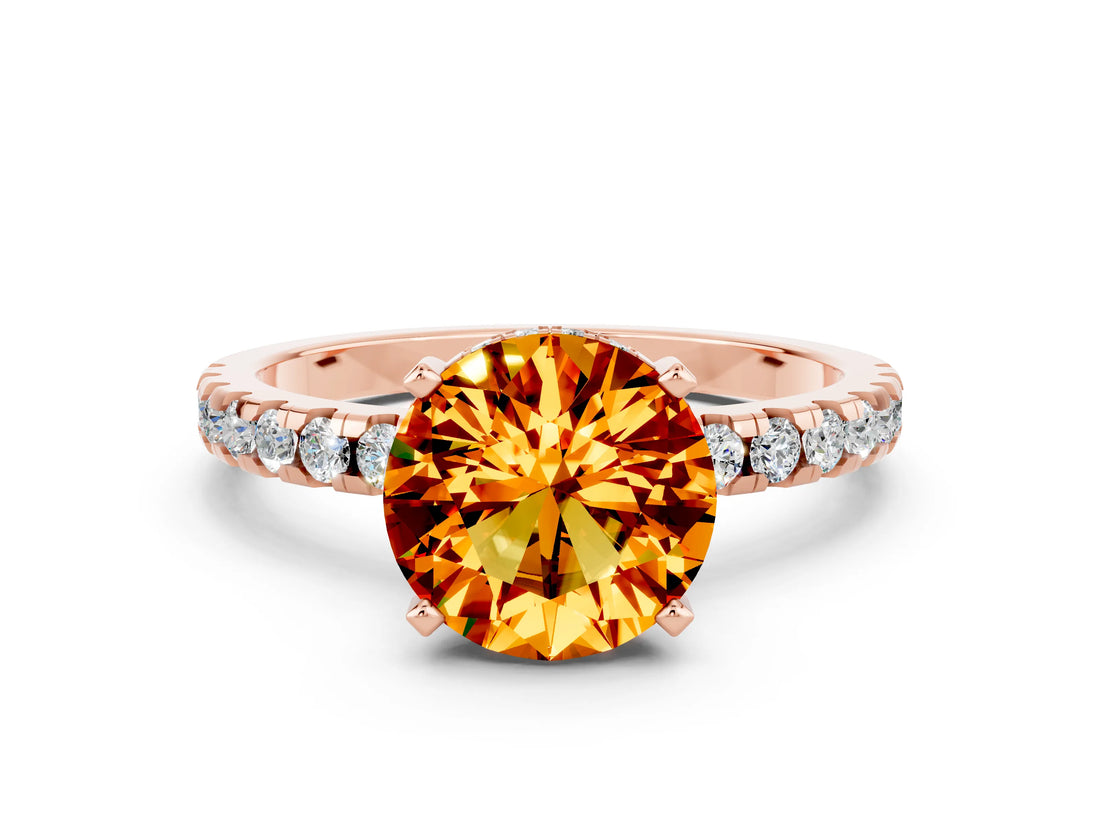 Rose gold Round Cut Citrine Solitaire Ring with Round  Pavé Band and Four-Prong Setting_36