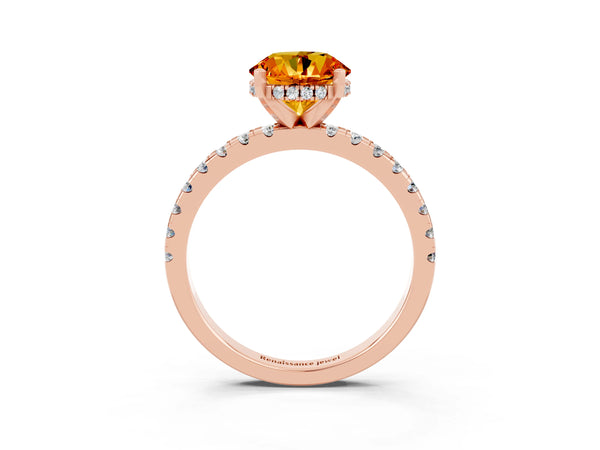 Rose Gold Round Citrine Hidden Halo Engagement Ring with Pave Band