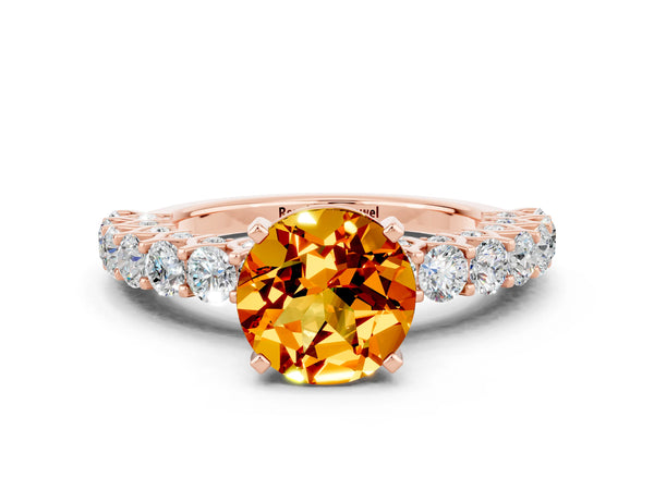 Rose gold Round Cut Citrine Solitaire Ring with Shared Prong Pavé Band and Four-Prong Setting