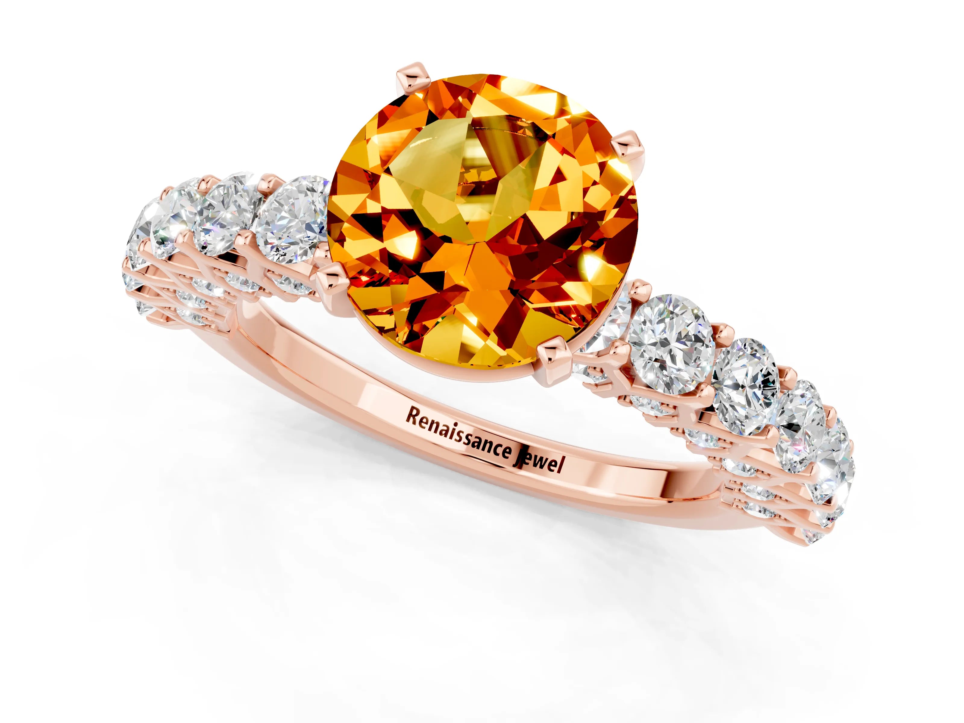 Rose gold Round Cut Citrine Solitaire Ring with Shared Prong Pavé Band and Four-Prong Setting_1