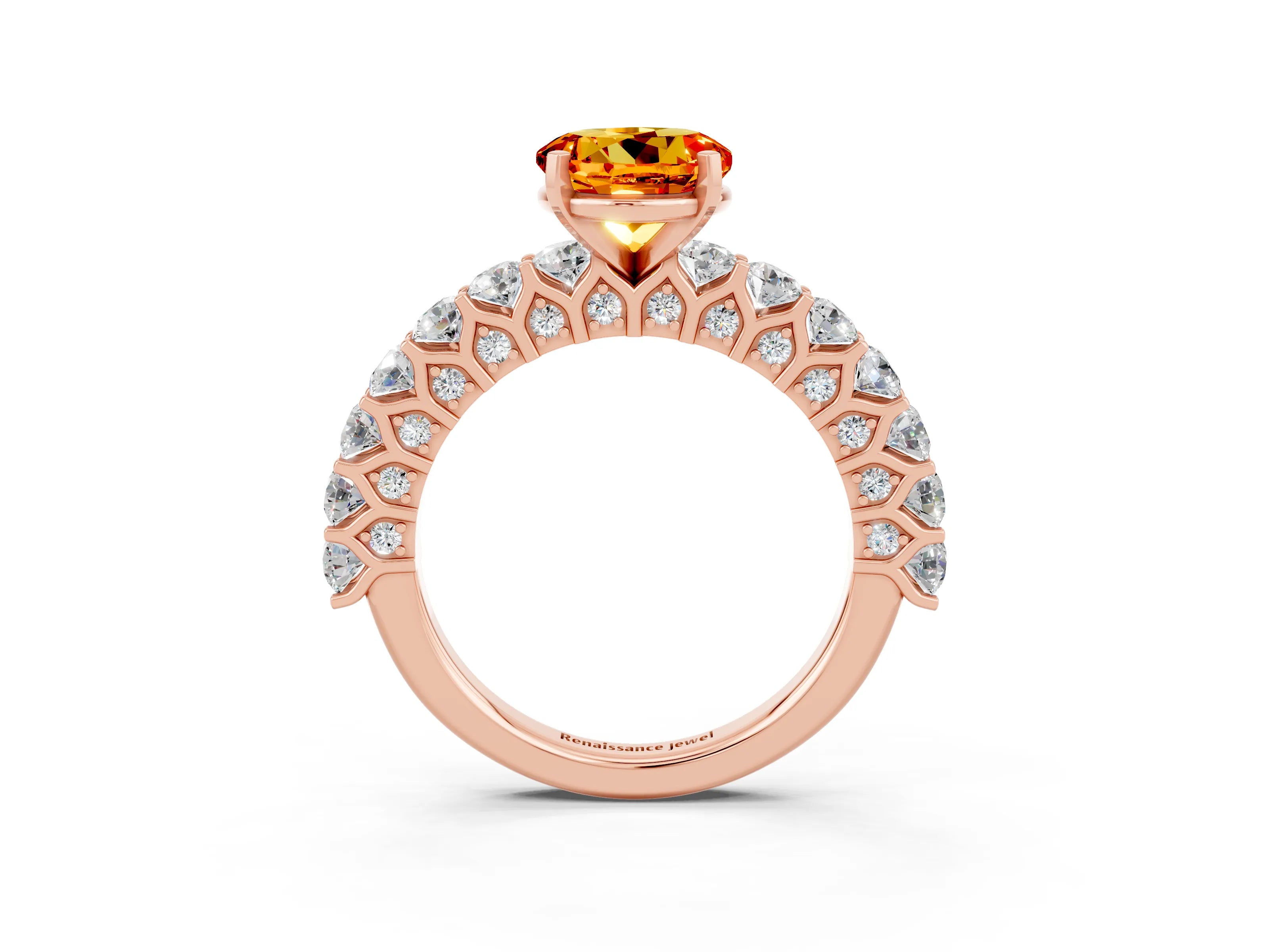Rose gold Round Cut Citrine Solitaire Ring with Shared Prong Pavé Band and Four-Prong Setting_3