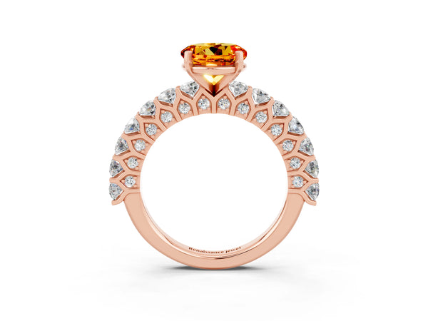 Rose gold Round Cut Citrine Solitaire Ring with Shared Prong Pavé Band and Four-Prong Setting