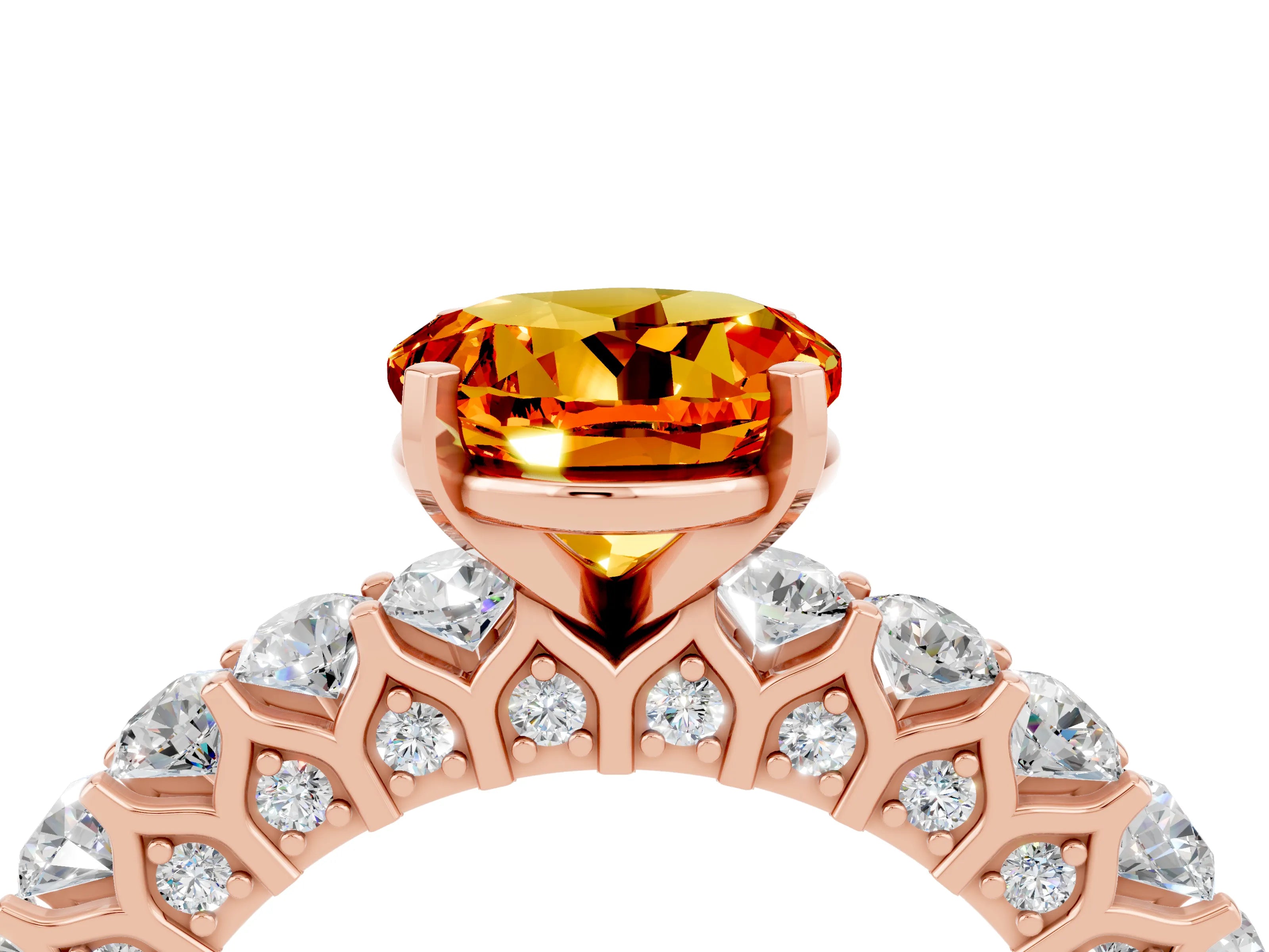 Rose gold Round Cut Citrine Solitaire Ring with Shared Prong Pavé Band and Four-Prong Setting_4