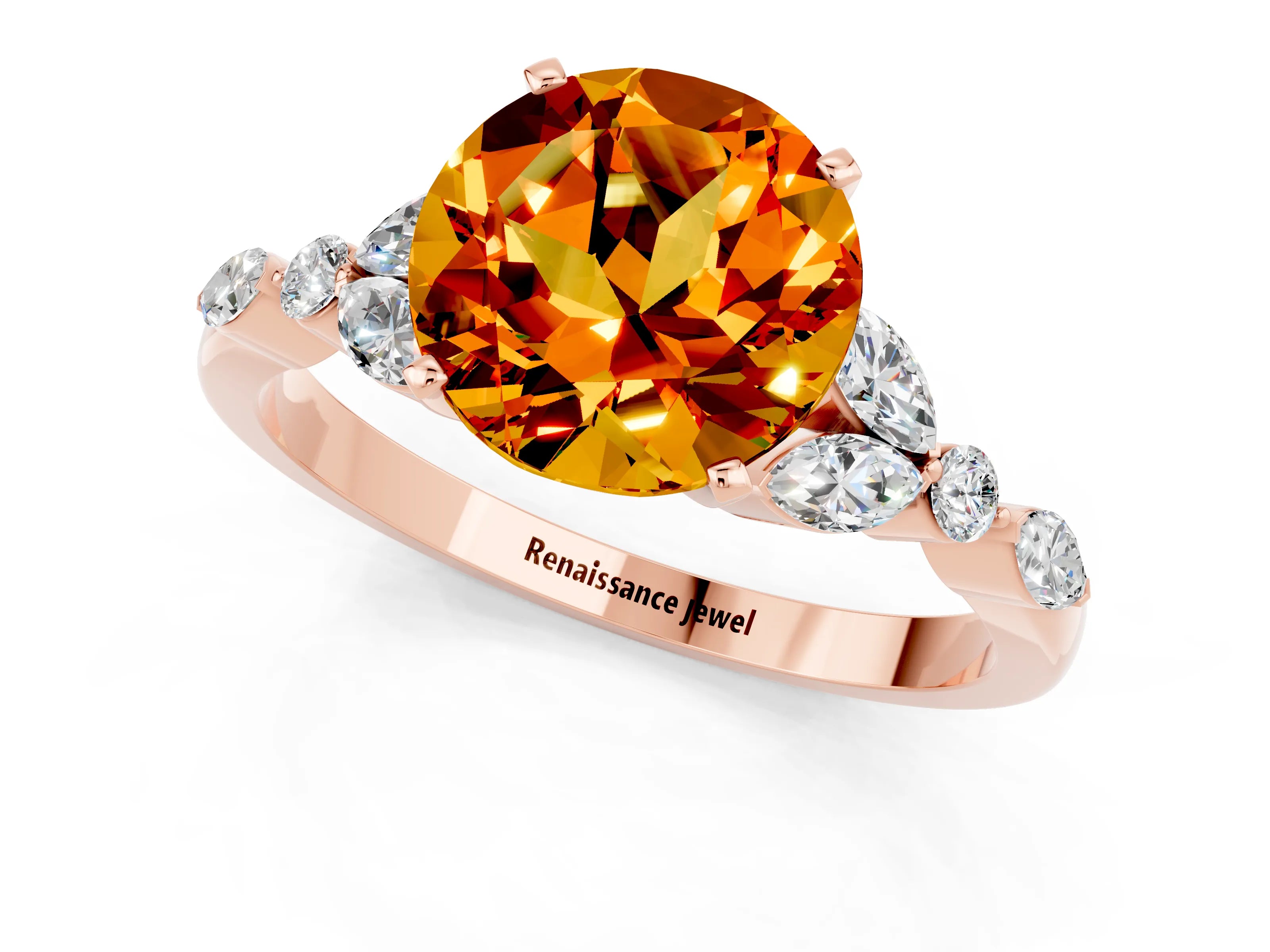 Rose gold Round Cut Citrine Solitaire Ring with Side Stones and Four-Prong Setting_13