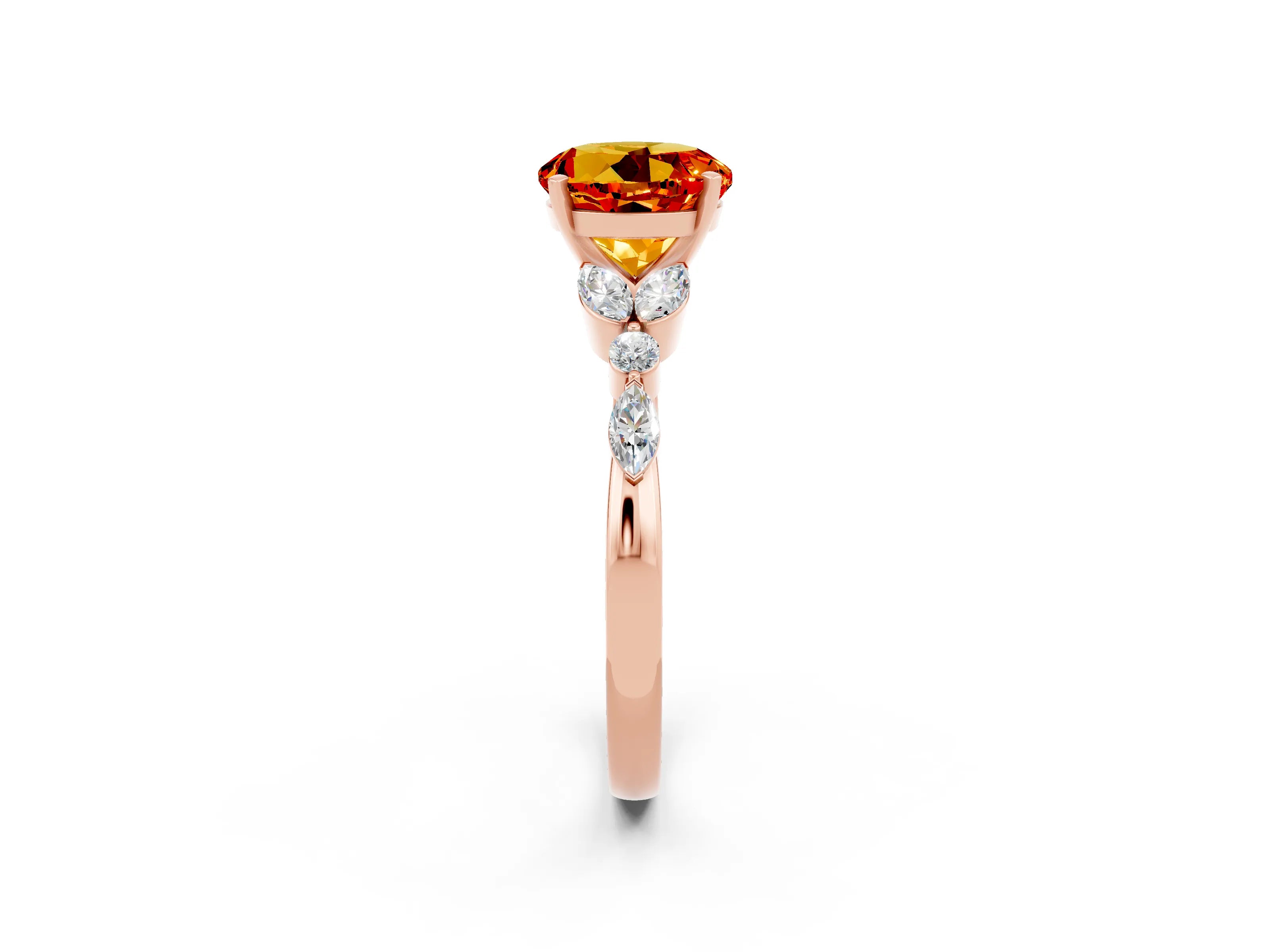 Rose gold Round Cut Citrine Solitaire Ring with Side Stones and Four-Prong Setting_14