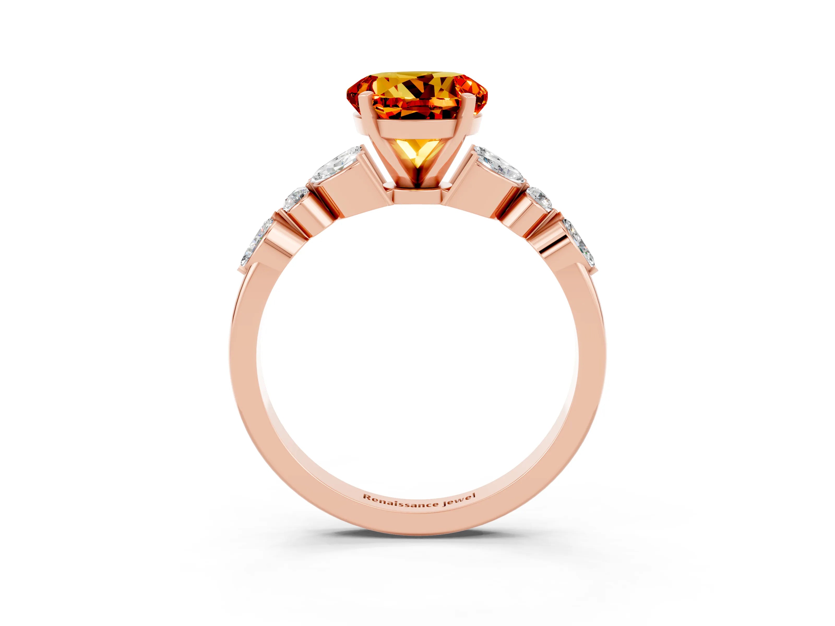 Rose gold Round Cut Citrine Solitaire Ring with Side Stones and Four-Prong Setting_15