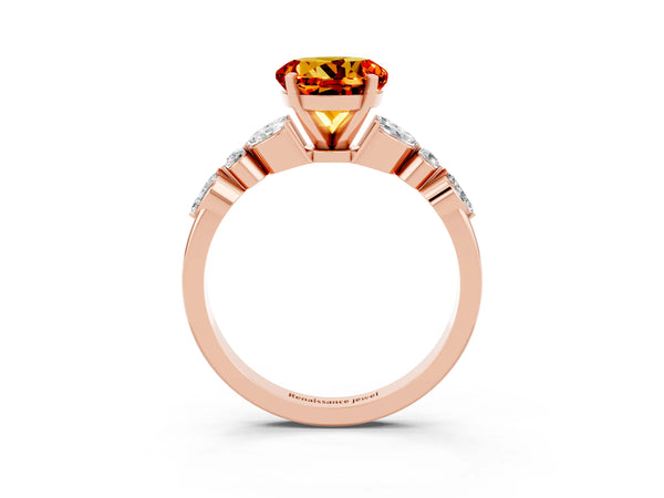 Rose gold Round Cut Citrine Solitaire Ring with Side Stones and Four-Prong Setting