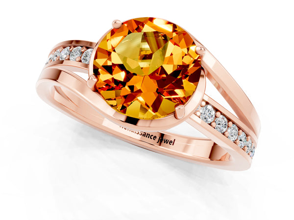 Rose gold Round Cut Citrine Solitaire Ring with Split Shank and Prong Setting