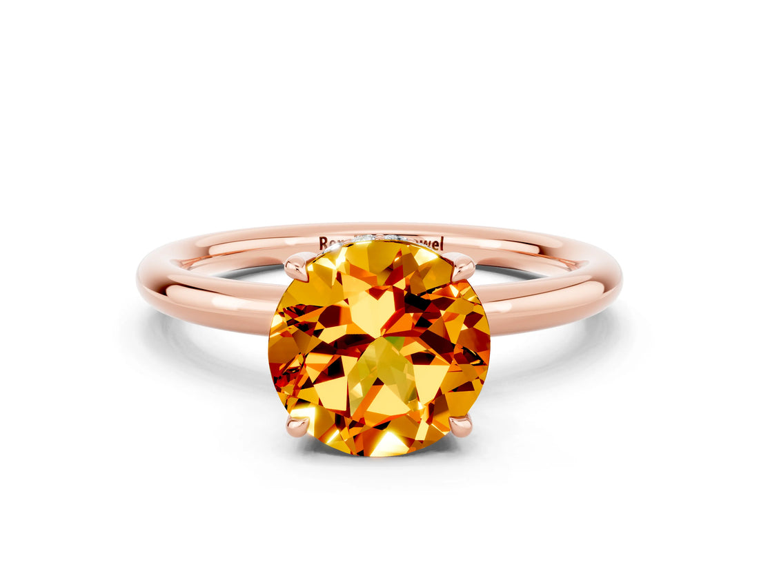 Rose gold Round Cut Citrine Solitaire Ring with Thin Band and Four-Prong Setting_12