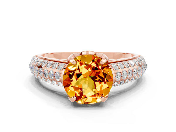 Rose gold Round Cut Citrine Solitaire Ring with Three-Row Pavé Band and Four-Prong Setting