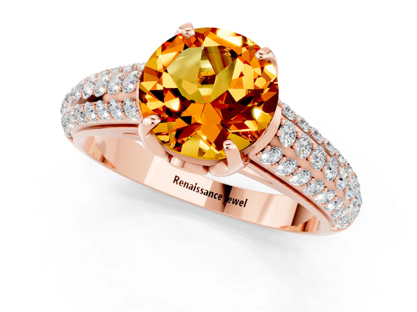 Rose gold Round Cut Citrine Solitaire Ring with Three-Row Pavé Band and Four-Prong Setting
