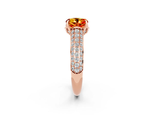 Rose gold Round Cut Citrine Solitaire Ring with Three-Row Pavé Band and Four-Prong Setting