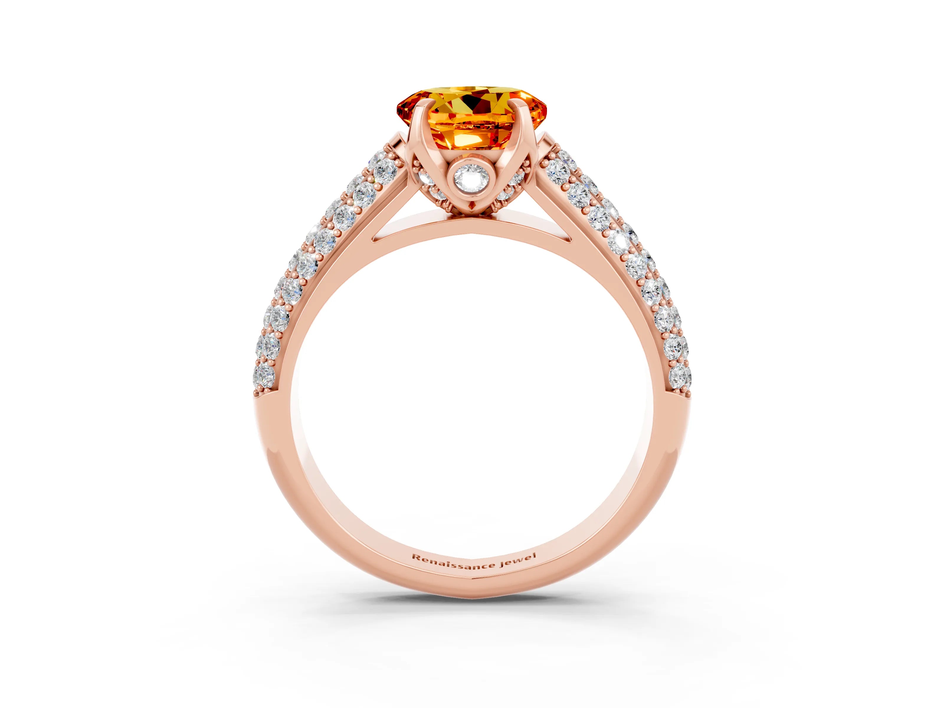 Rose gold Round Cut Citrine Solitaire Ring with Three-Row Pavé Band and Four-Prong Setting_15