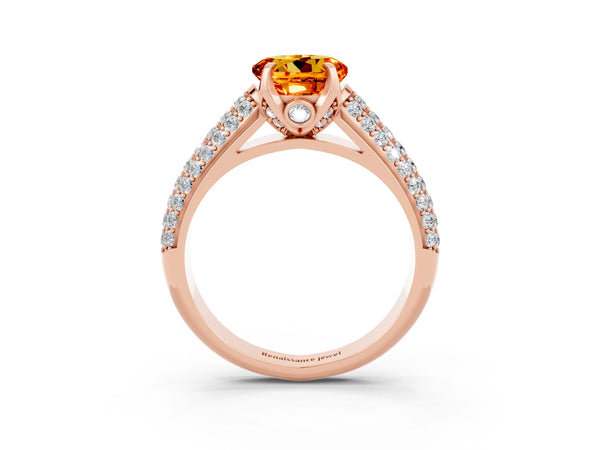 Rose gold Round Cut Citrine Solitaire Ring with Three-Row Pavé Band and Four-Prong Setting