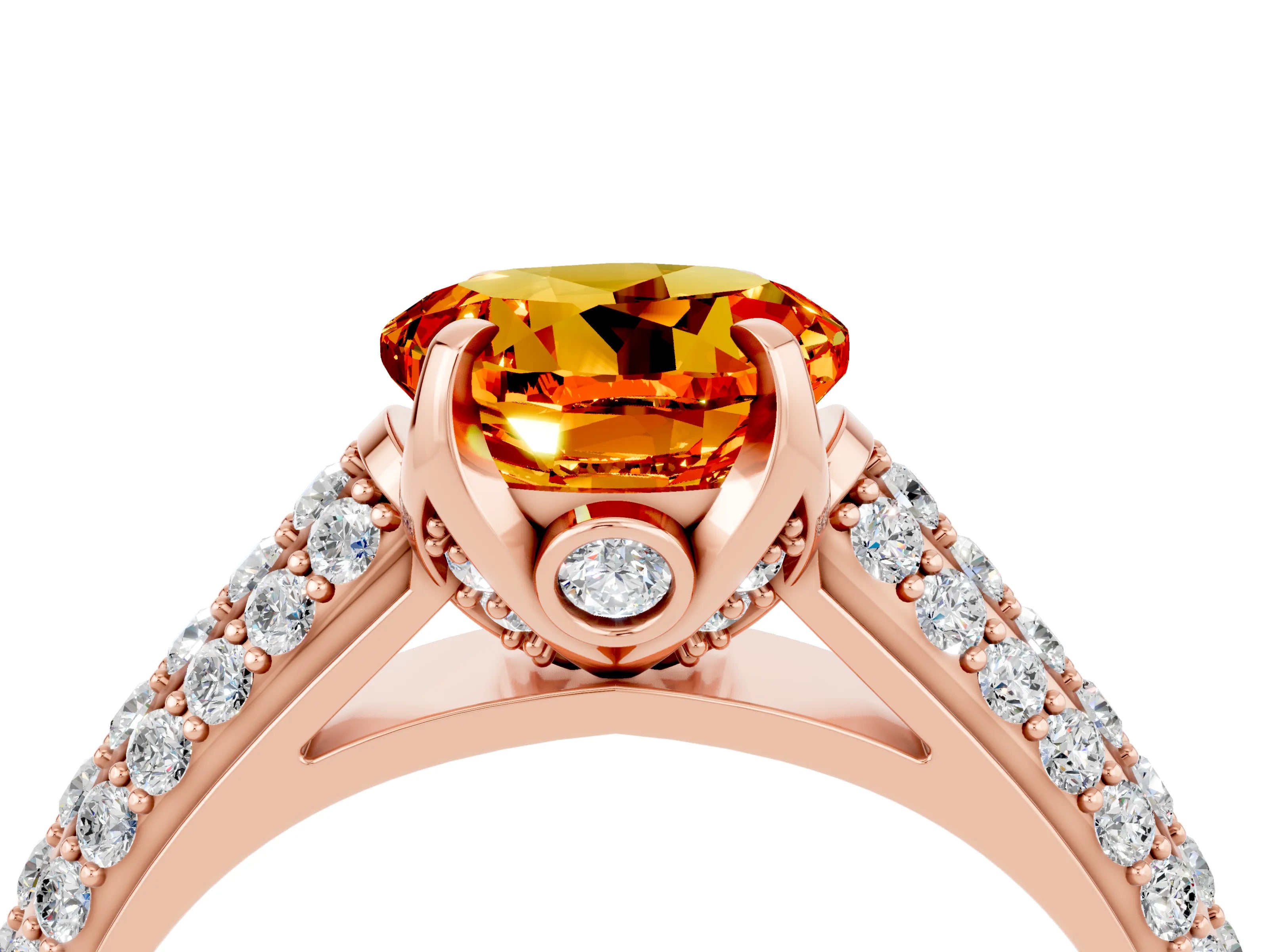 Rose gold Round Cut Citrine Solitaire Ring with Three-Row Pavé Band and Four-Prong Setting_16