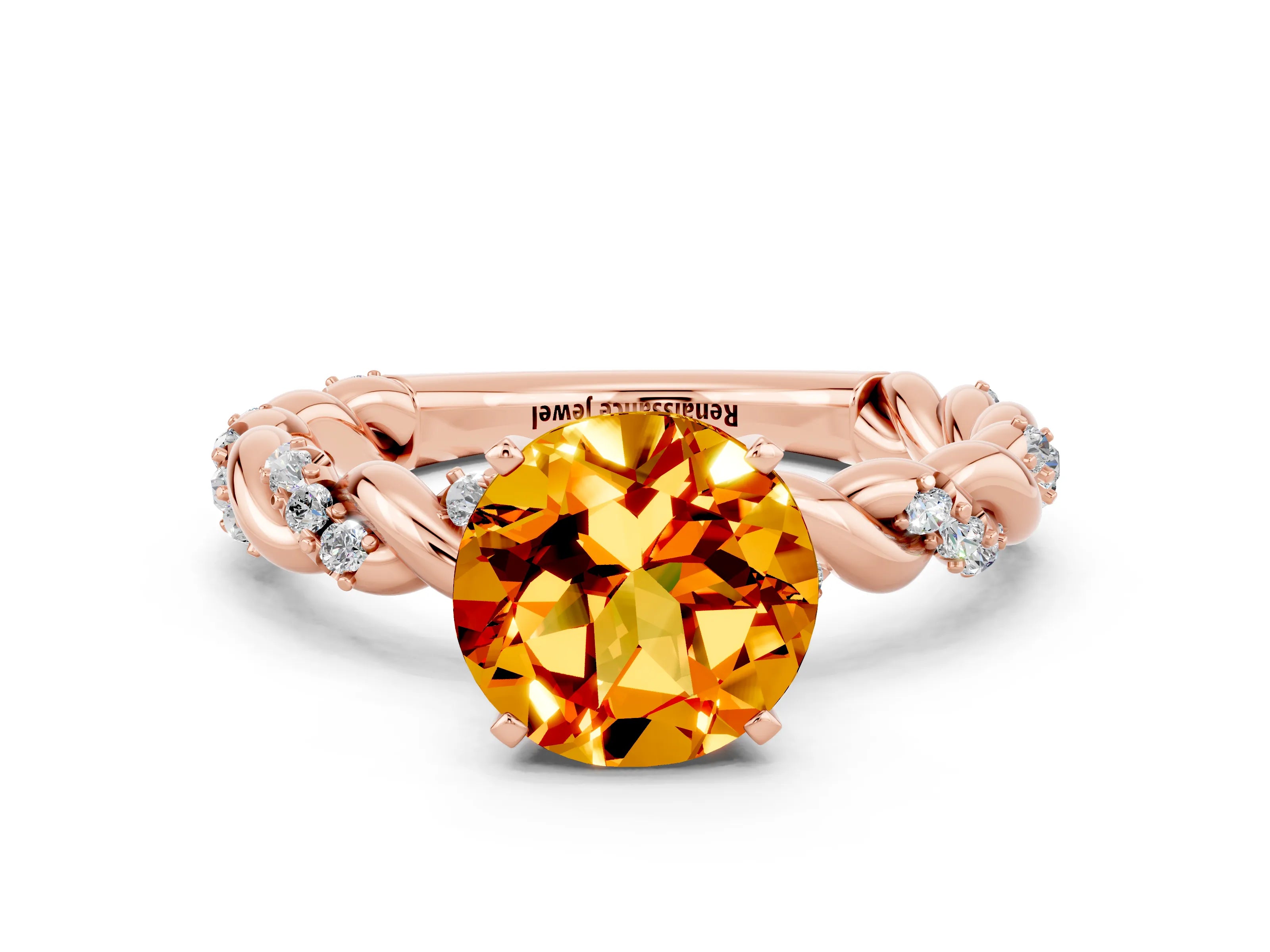 Rose gold Round Cut Citrine Solitaire Ring with Twisted Band and Pavé Accents
