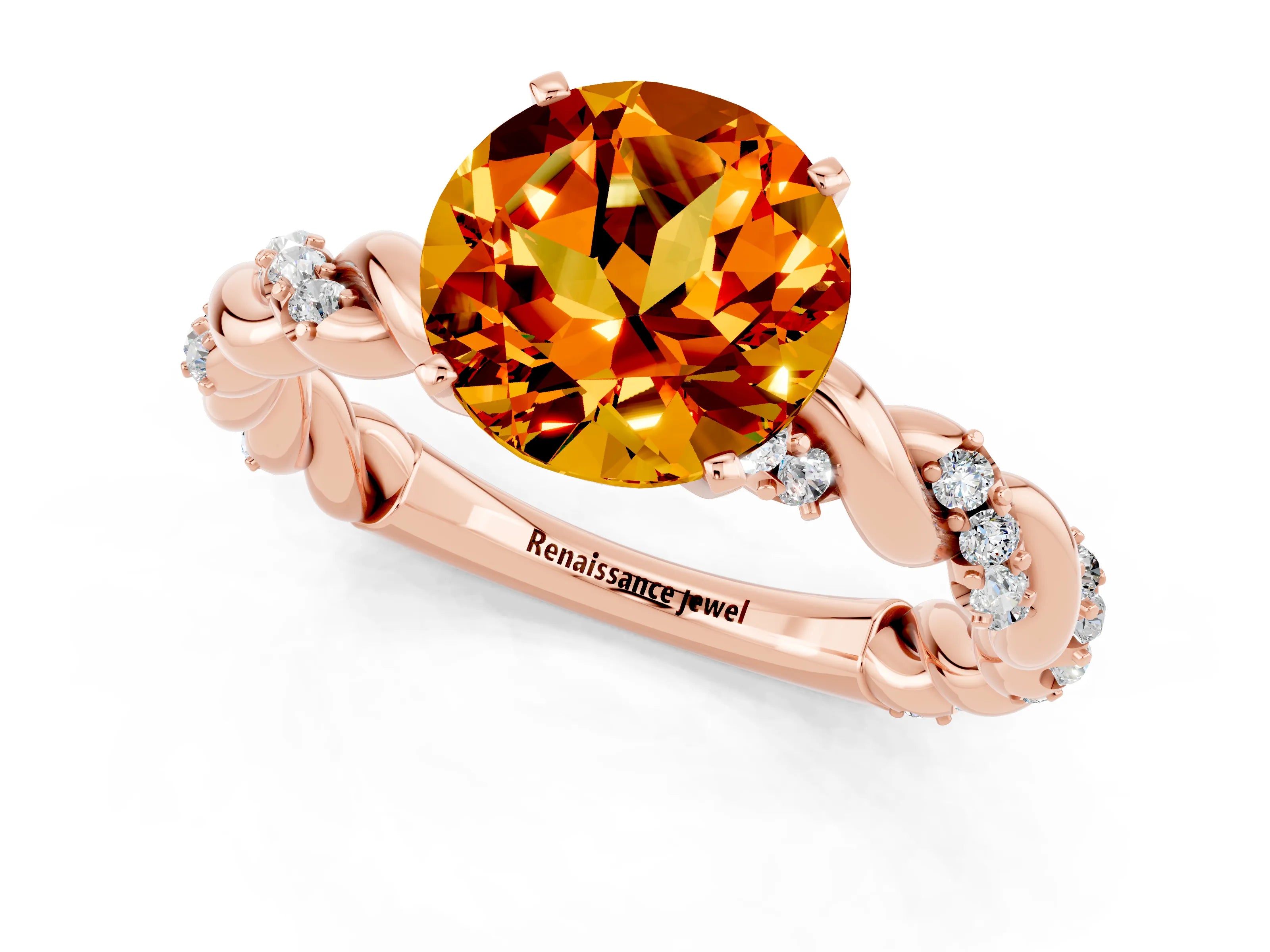 Rose gold Round Cut Citrine Solitaire Ring with Twisted Band and Pavé Accents_1