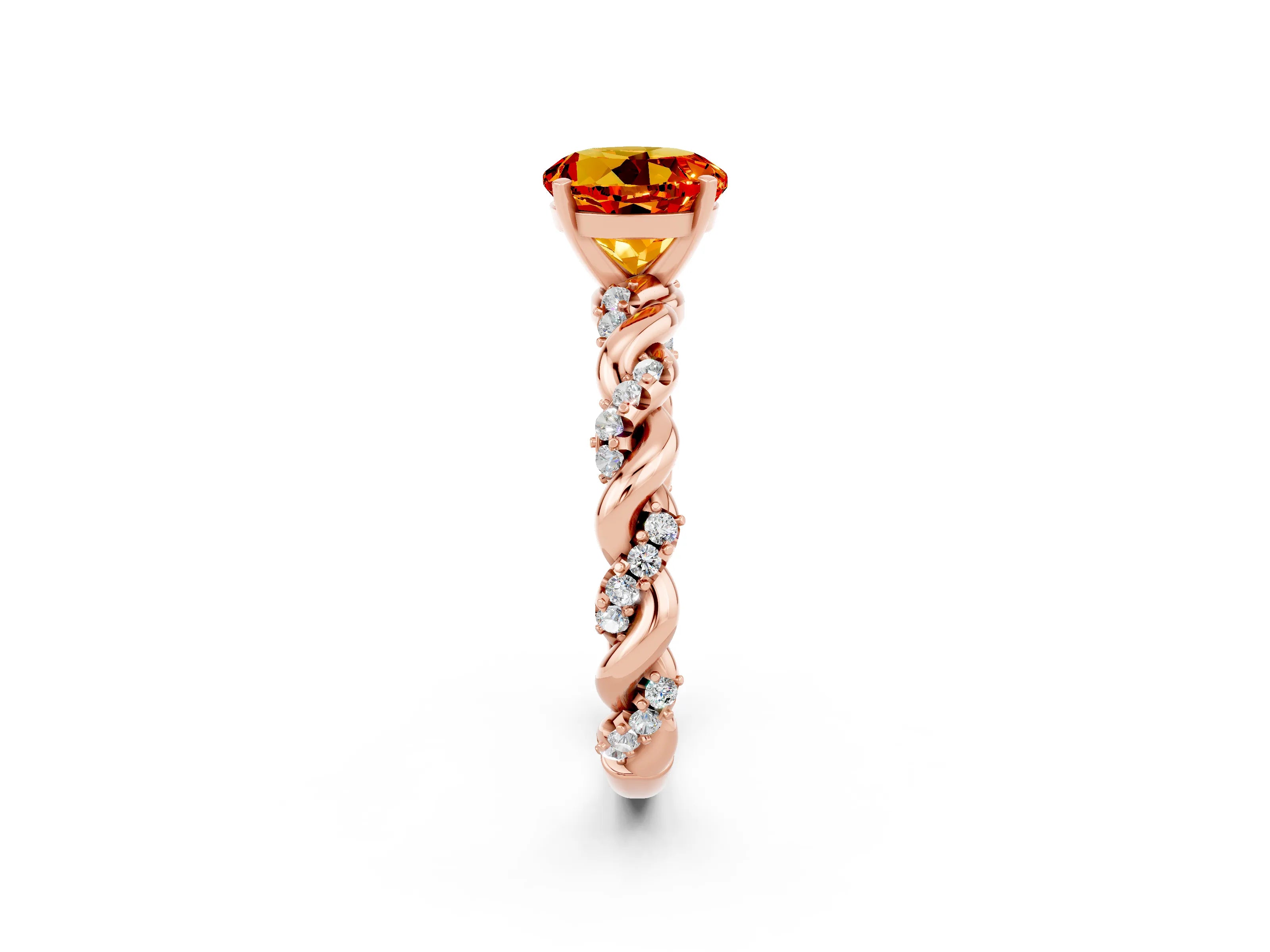 Rose gold Round Cut Citrine Solitaire Ring with Twisted Band and Pavé Accents_2