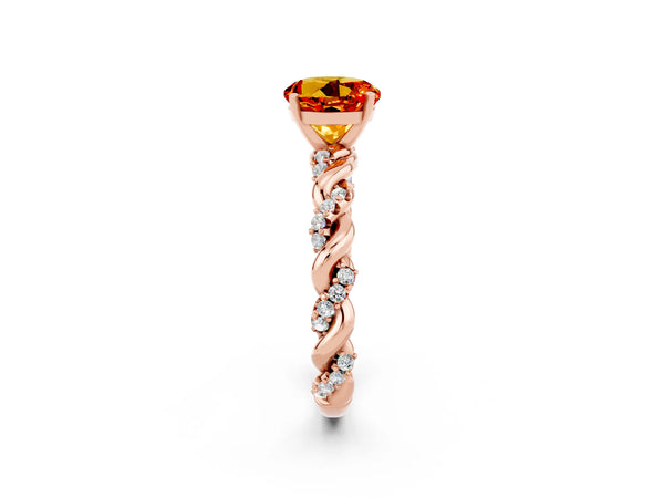 Rose gold Round Cut Citrine Solitaire Ring with Twisted Band and Pavé Accents