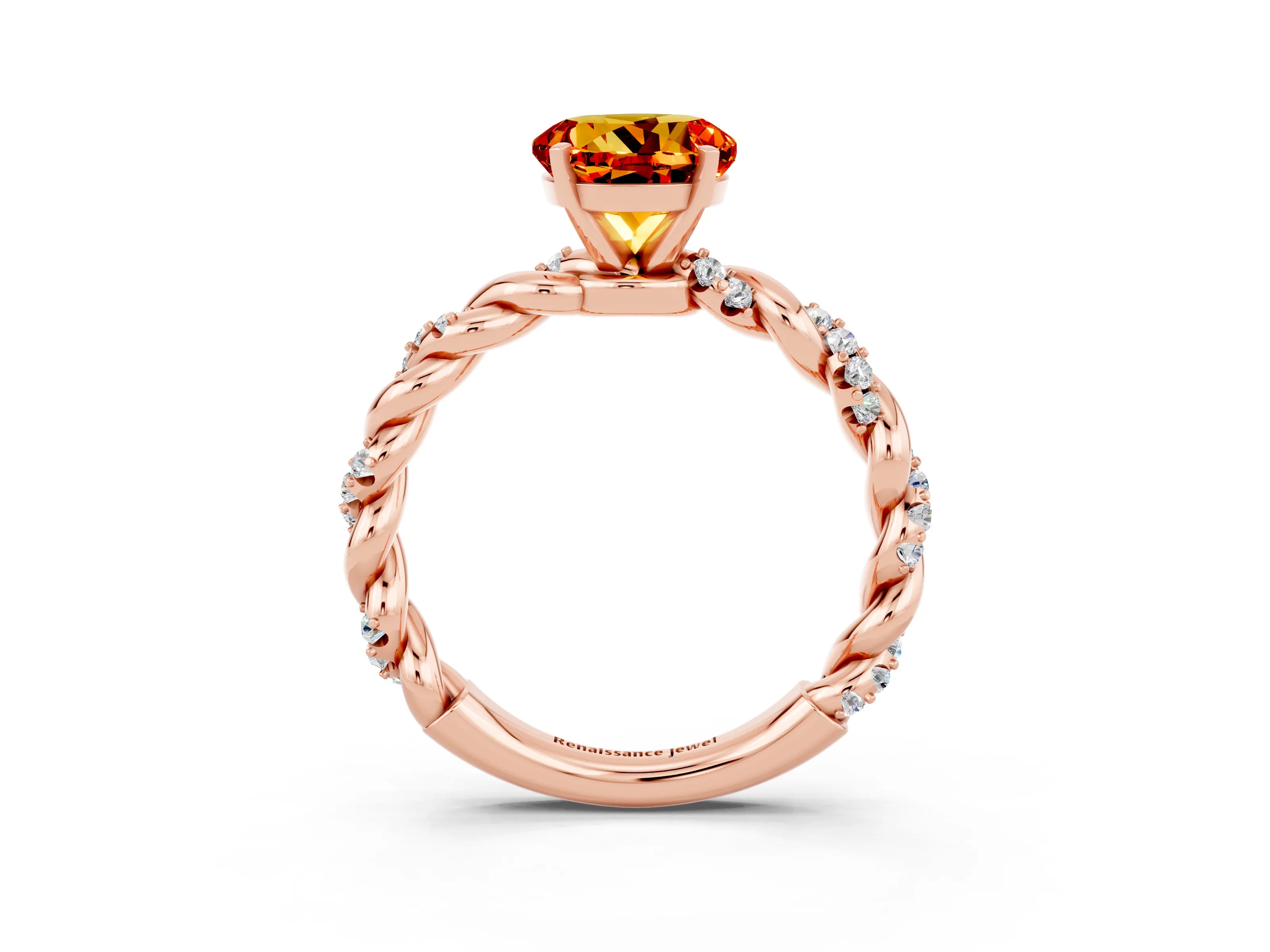 Rose gold Round Cut Citrine Solitaire Ring with Twisted Band and Pavé Accents_3