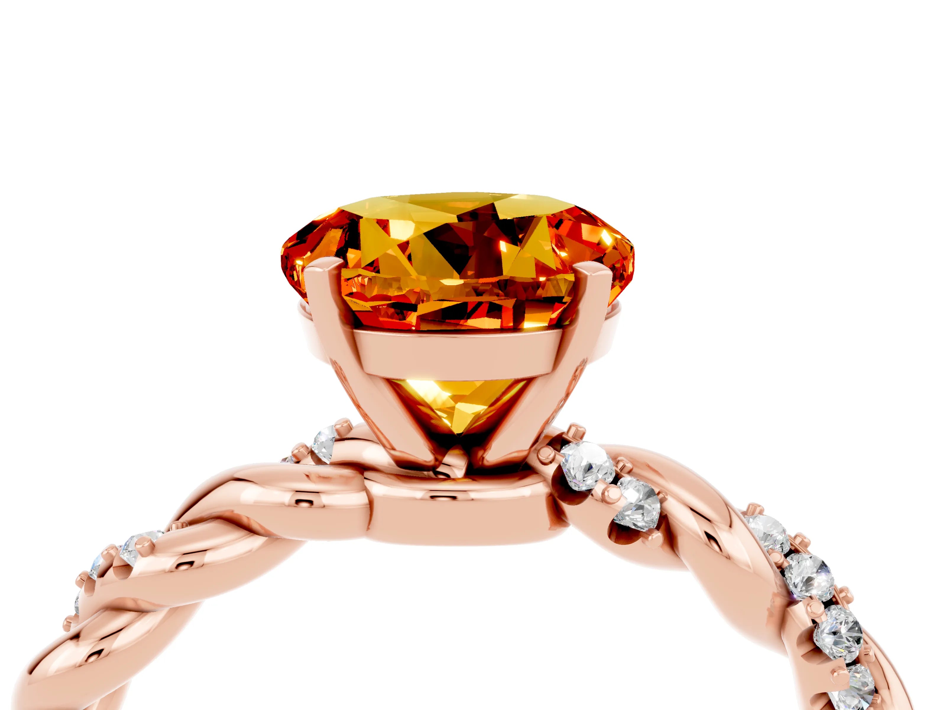 Rose gold Round Cut Citrine Solitaire Ring with Twisted Band and Pavé Accents_4