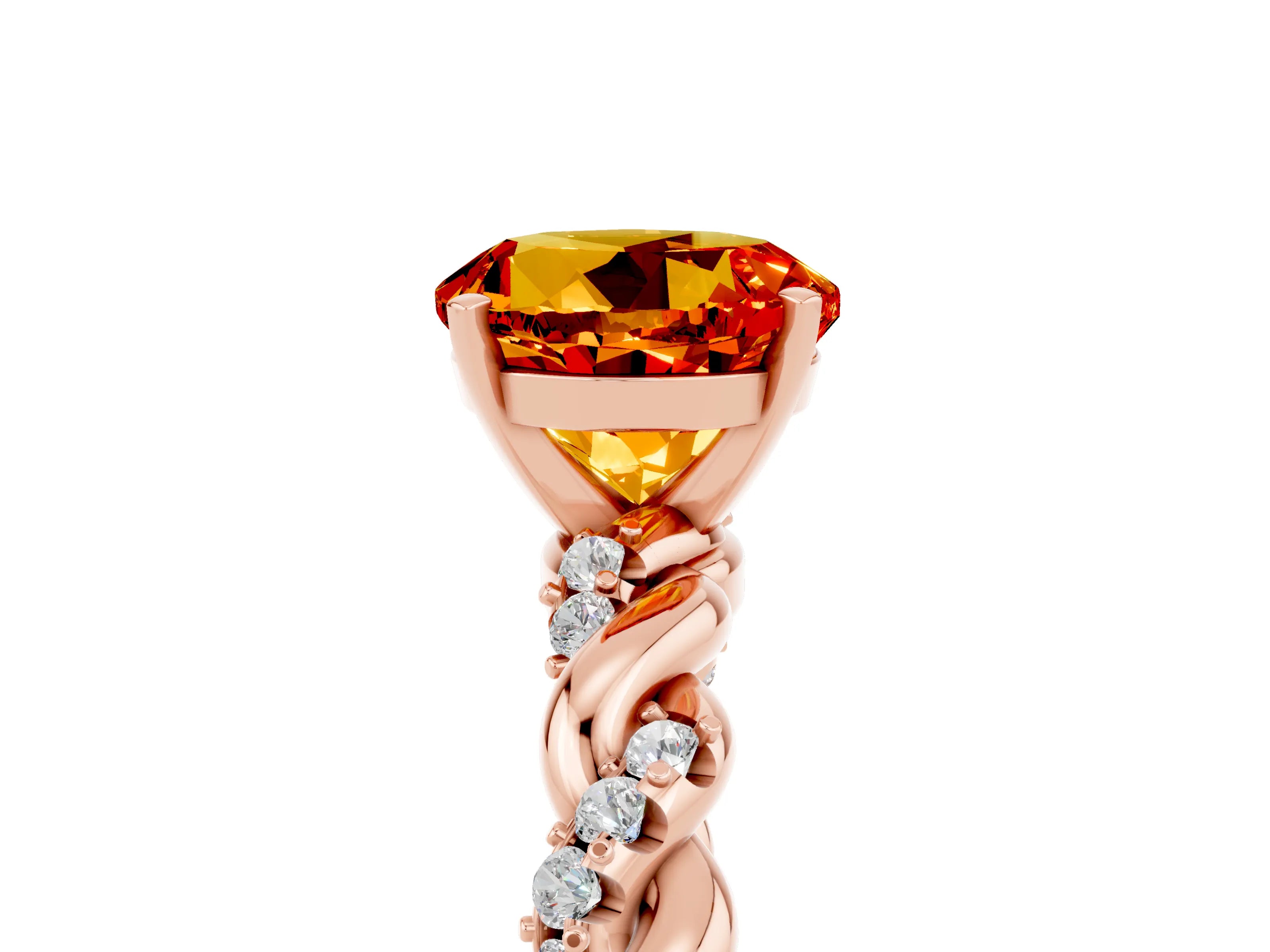 Rose gold Round Cut Citrine Solitaire Ring with Twisted Band and Pavé Accents_5