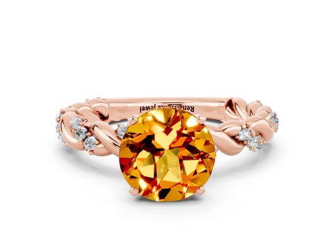 Rose gold Round Cut Citrine Solitaire Ring with Twisted Band and Pavé Accents