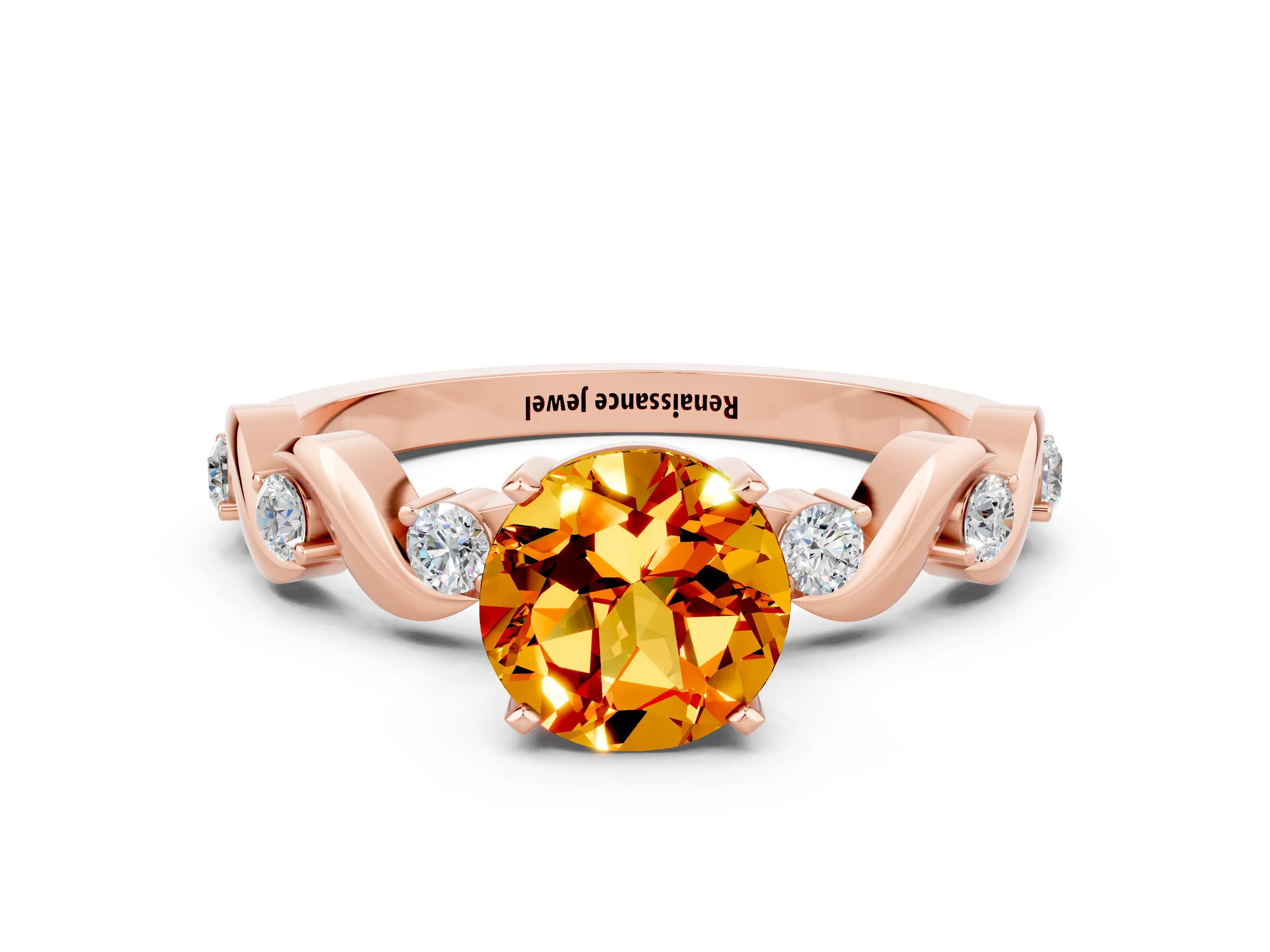 Rose gold Round Cut Citrine Solitaire Twisted Band with Round  Accents and Prong Setting_12