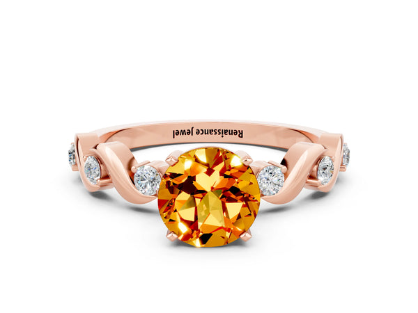 Rose gold Round Cut Citrine Solitaire Twisted Band with Round  Accents and Prong Setting