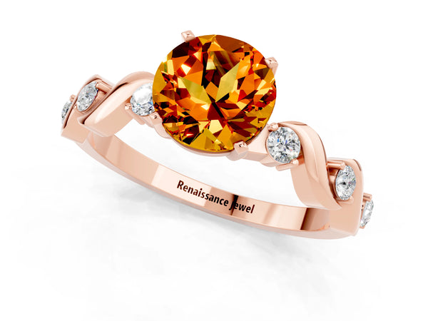 Rose gold Round Cut Citrine Solitaire Twisted Band with Round  Accents and Prong Setting