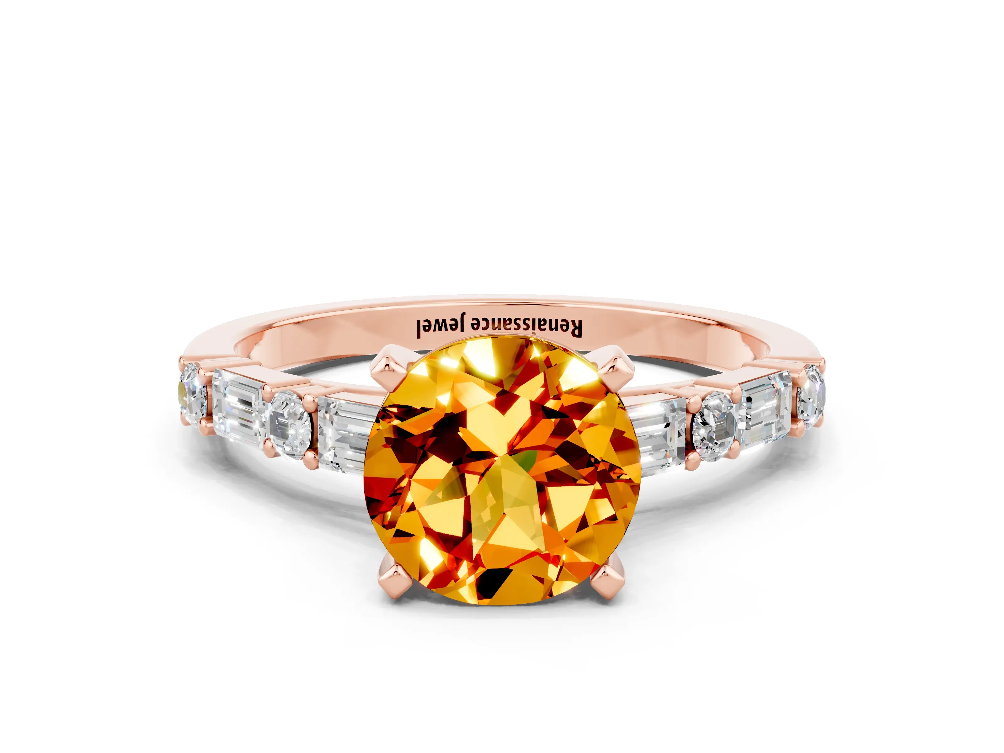 Rose gold Round Cut Citrine Solitaire with Side Baguettes and Channel Set Band