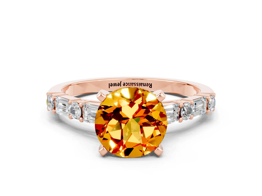 Rose gold Round Cut Citrine Solitaire with Side Baguettes and Channel Set Band
