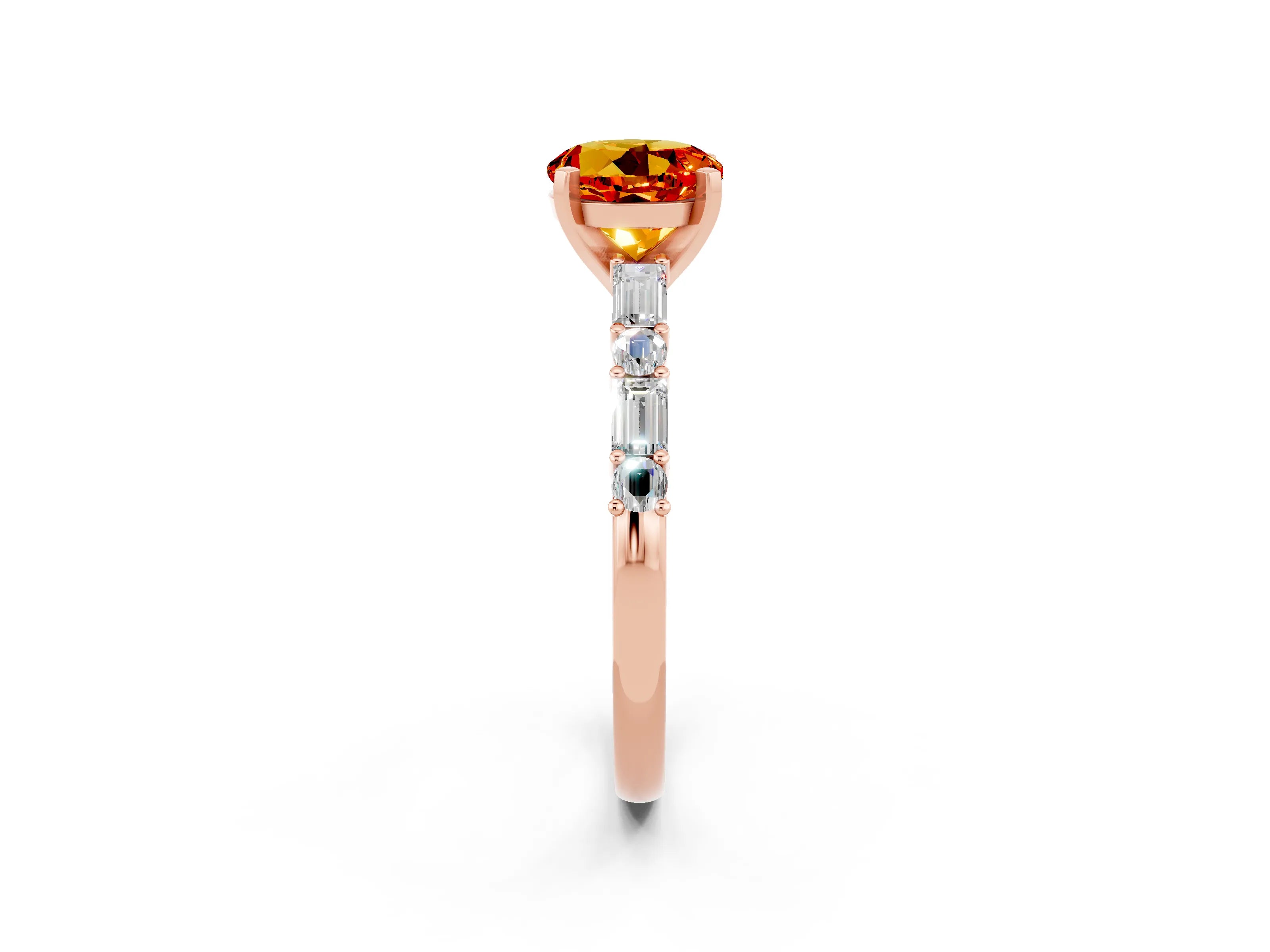 Rose gold Round Cut Citrine Solitaire with Side Baguettes and Channel Set Band_2