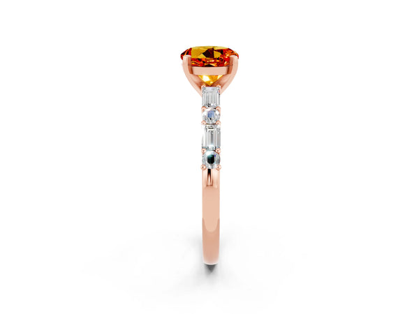 Rose gold Round Cut Citrine Solitaire with Side Baguettes and Channel Set Band