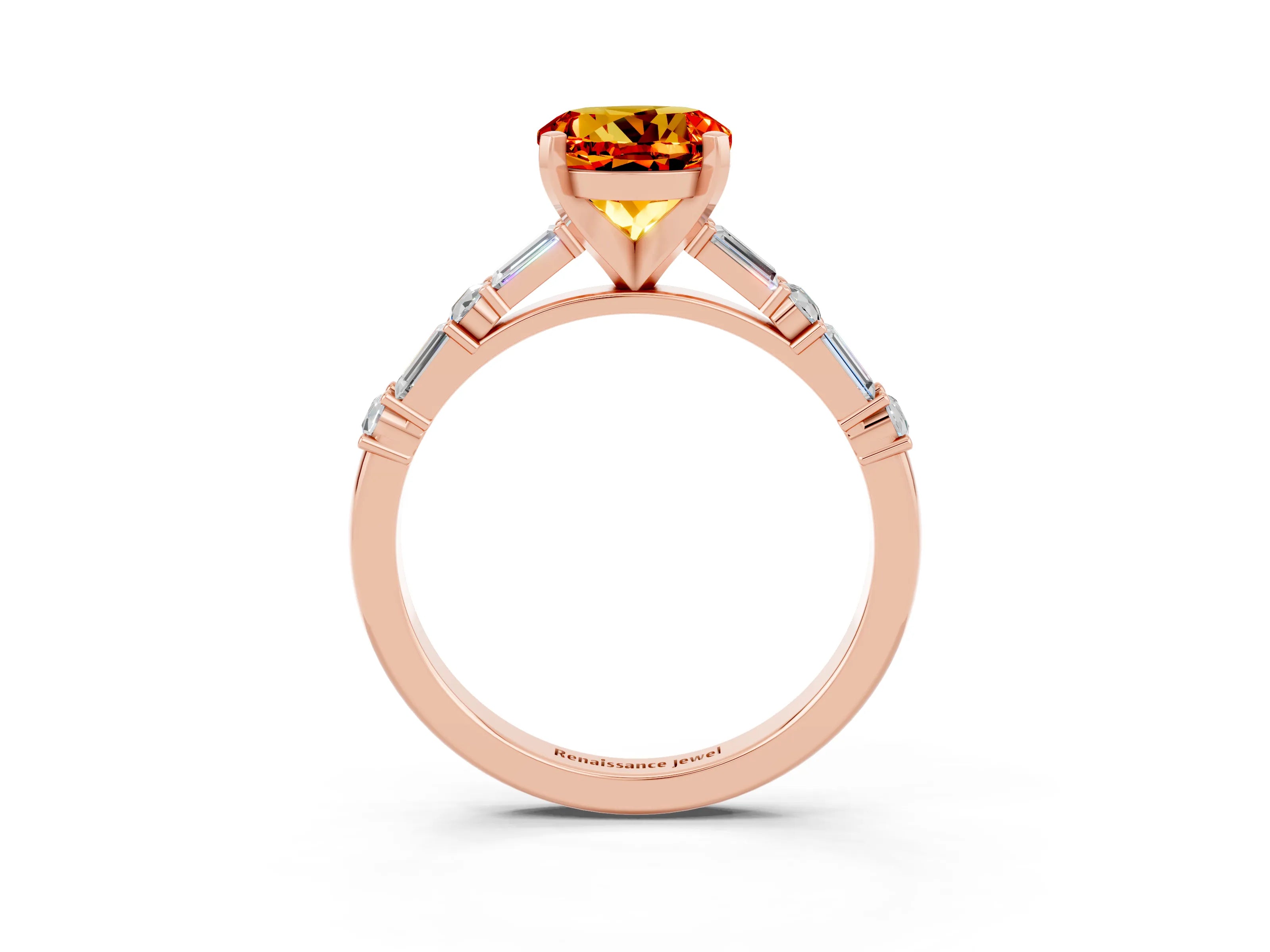 Rose gold Round Cut Citrine Solitaire with Side Baguettes and Channel Set Band_3
