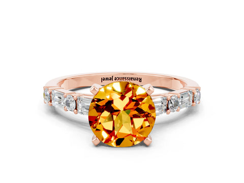 Rose gold Round Cut Citrine Solitaire with Side Baguettes and Channel Set Band