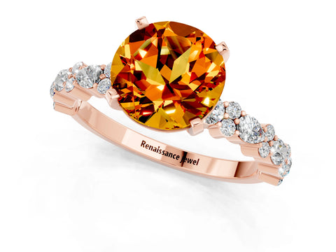 Rose gold Round Cut Citrine Solitaire with Side Stones, Pave Band, Four-Prong Setting_25