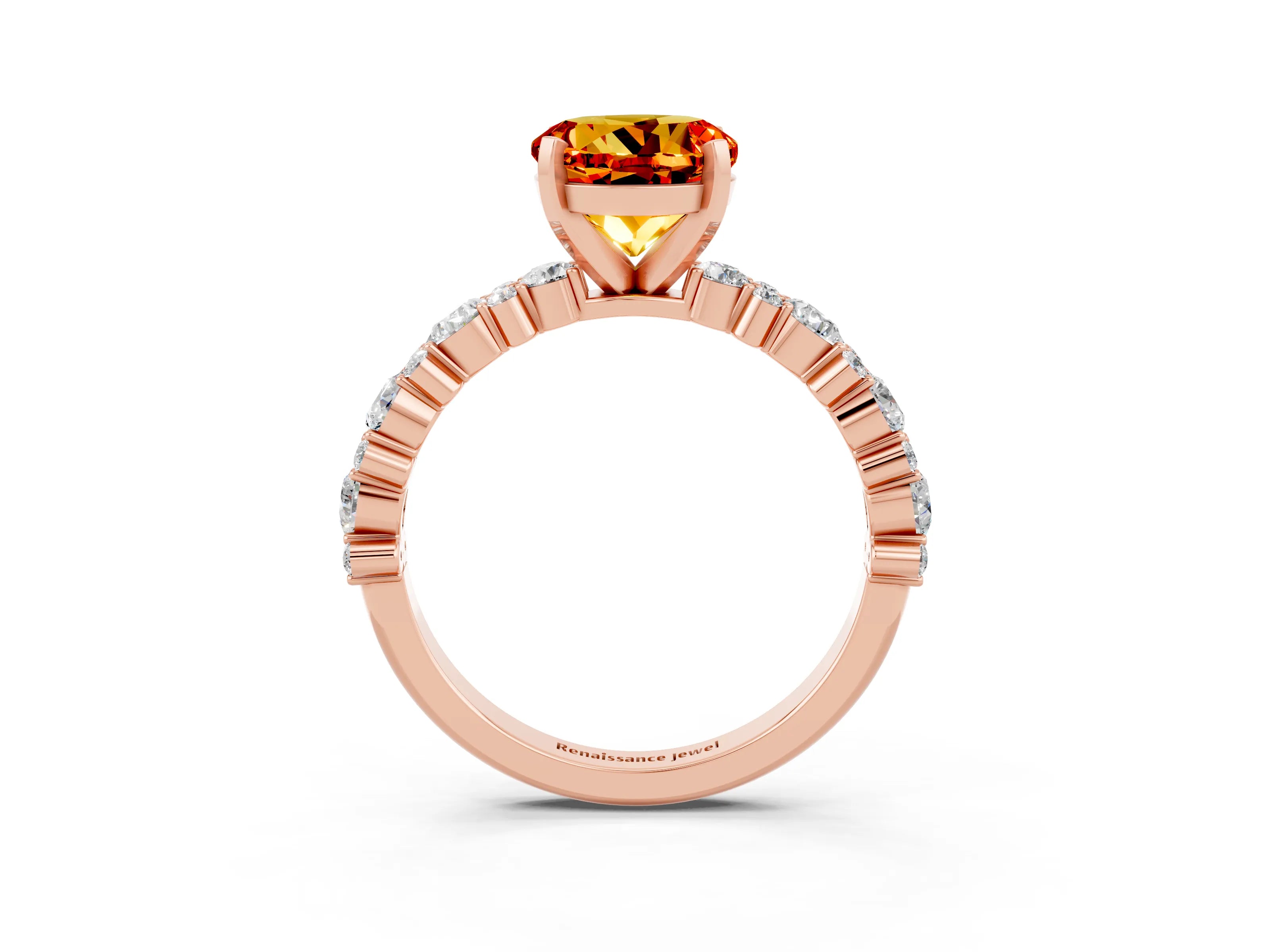 Rose gold Round Cut Citrine Solitaire with Side Stones, Pave Band, Four-Prong Setting_27