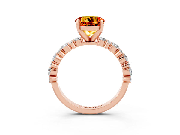 Rose gold Round Cut Citrine Side Stone Solitaire Ring with Round  and Four-Prong Setting
