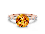 Rose gold Round Cut Citrine Solitaire with Side Stones on a Pavé Band and Four-Prong Setting
